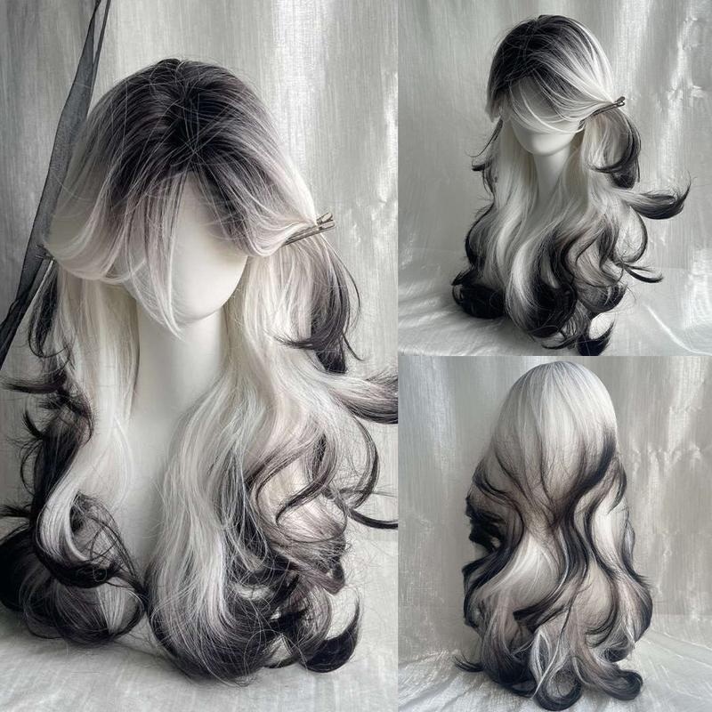 Hand-Woven Long Wavy Synthetic Black Gradient White Wig, Women's Fluffy Style, Heat-Stylable Big Waves