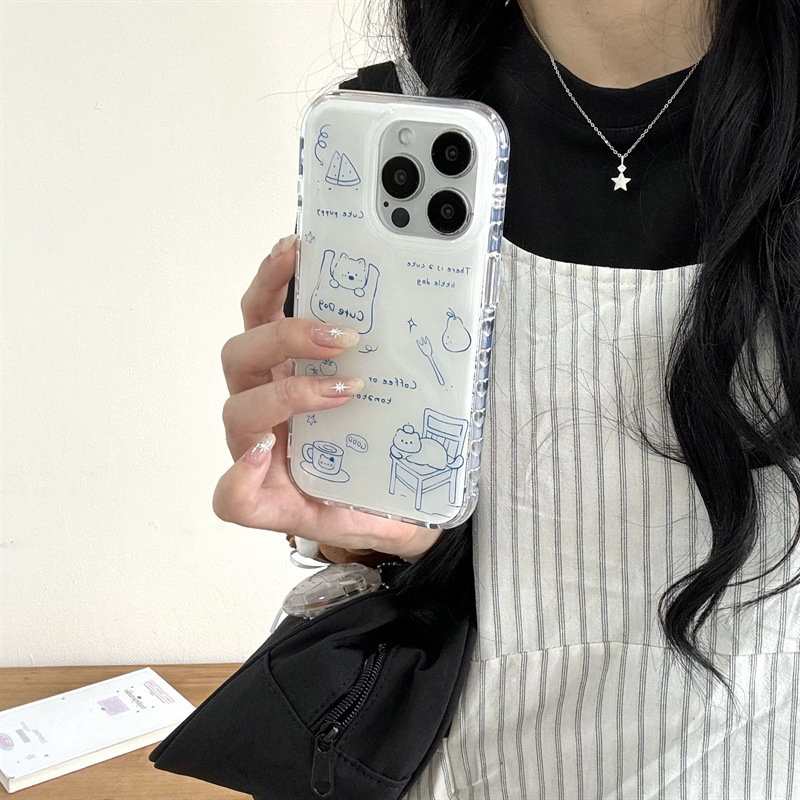 iPhone16 Apple 15ProMax/14/13 携帯電話ケースに適した青い線画の子犬のイラスト シンプル|undefined