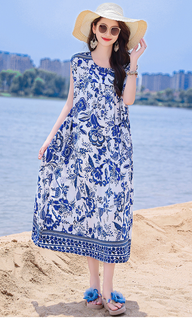 2025 New Cross-Border Plus Size Bohemian Beach Long Cotton Floral Women's Summer Dress_ecoleips.com