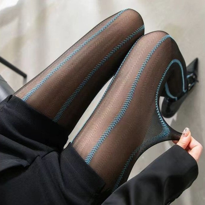 Vertical Striped Shrimp Line Gray Stockings Wheat Pattern Black Silk Sexy Blue Suspender Leggings Women's Ultra-Thin Pantyhose