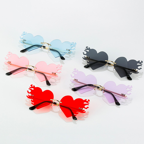 Korean Frameless Asymmetrical Sunglasses  New Heart-Shaped Metal Sunglasses for Men and Women Personality Decor Flame Dark Sunglasses