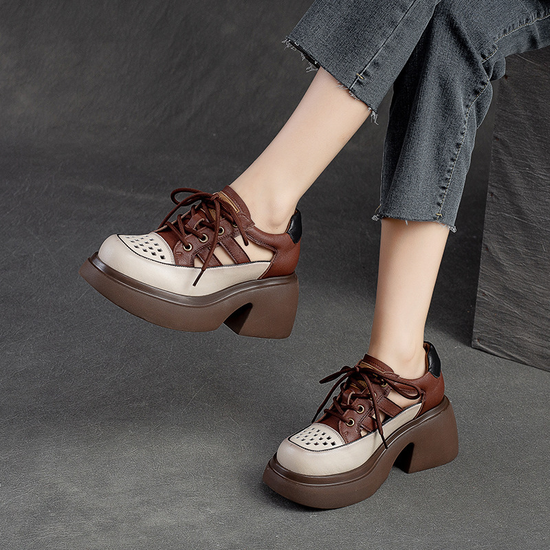 Shanghai Jie summer New hollowed-out cavities front tie-colored round-end sandals top layer cowhide women's shoes