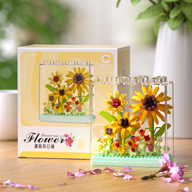 Compatible con la caja de flores de ensueño de Lego, ramo de cubierta de acrílico, clavel de girasol, bloque de construcción en maceta, regalo al por mayor