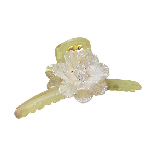 French Elegant Light Green Clip Women's New Acrylic Super Fairy Camellia Shark Clip Back of the Head Clip Headgear