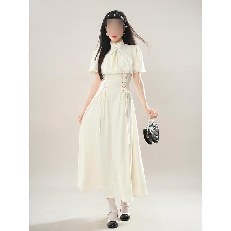French White Lace Stand-Up Collar Princess Puff Short-Sleeved Women's Long Cape Summer Temperament Dress with Slim Waist
