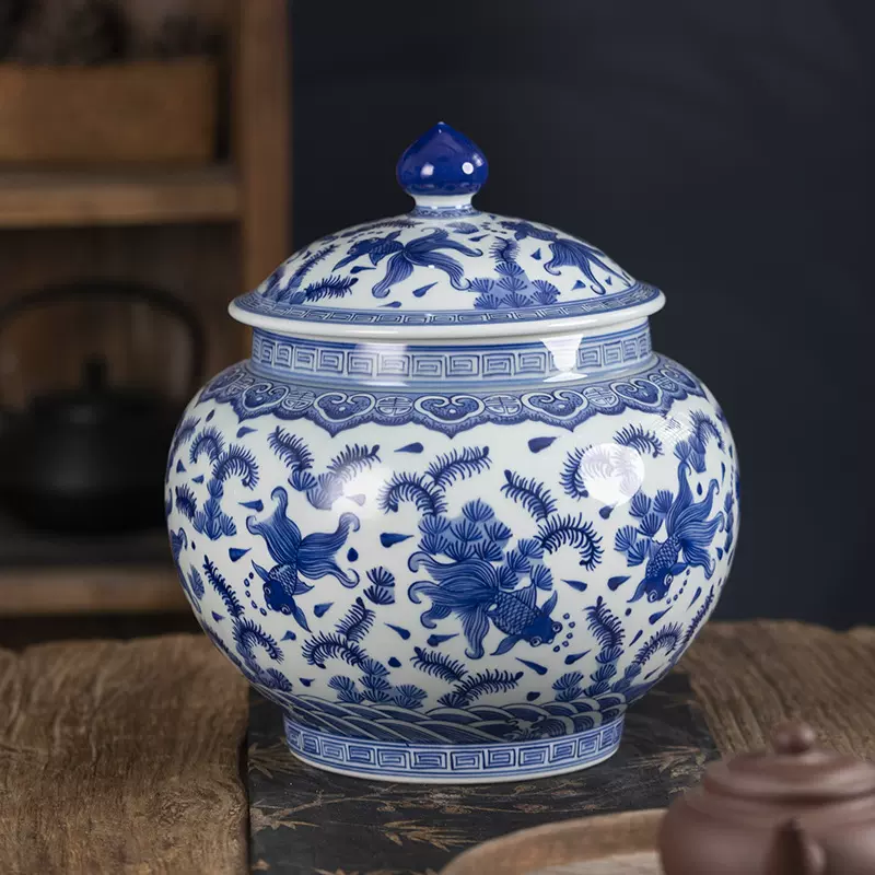 景德镇陶瓷青花瓷茶叶罐手工手绘鱼藻纹将军罐仿古储物罐收藏摆件