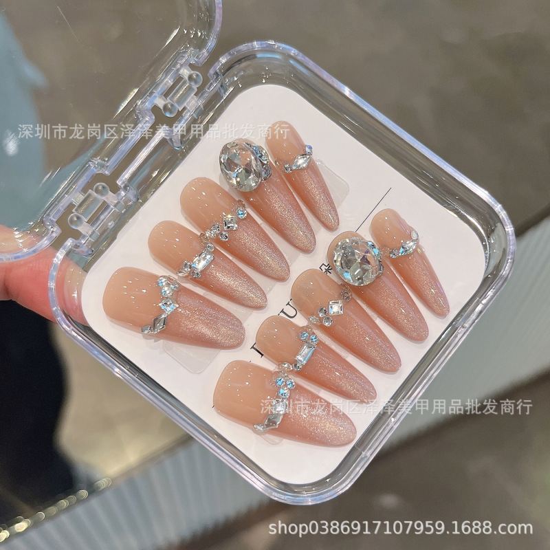 Long Full Diamond-Studded Almond-Shaped Nails, High-End, Skin-Brightening, Removable, Handmade Fake Nails, Cross-Border Wholesale