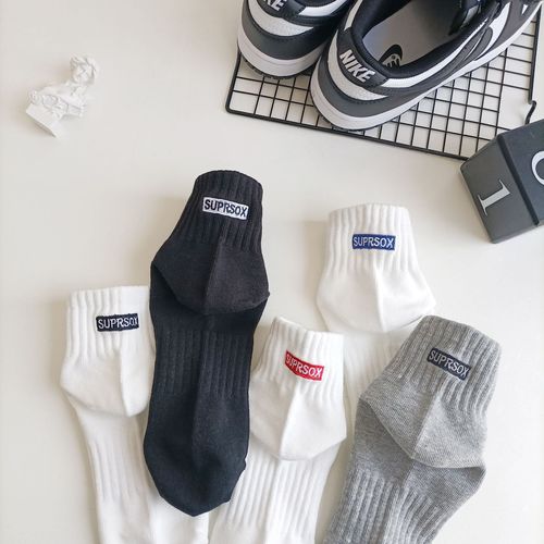 SUPRSOX socks men's solid color embroidered short basketball socks black spring and summer retro sports women's white cotton socks