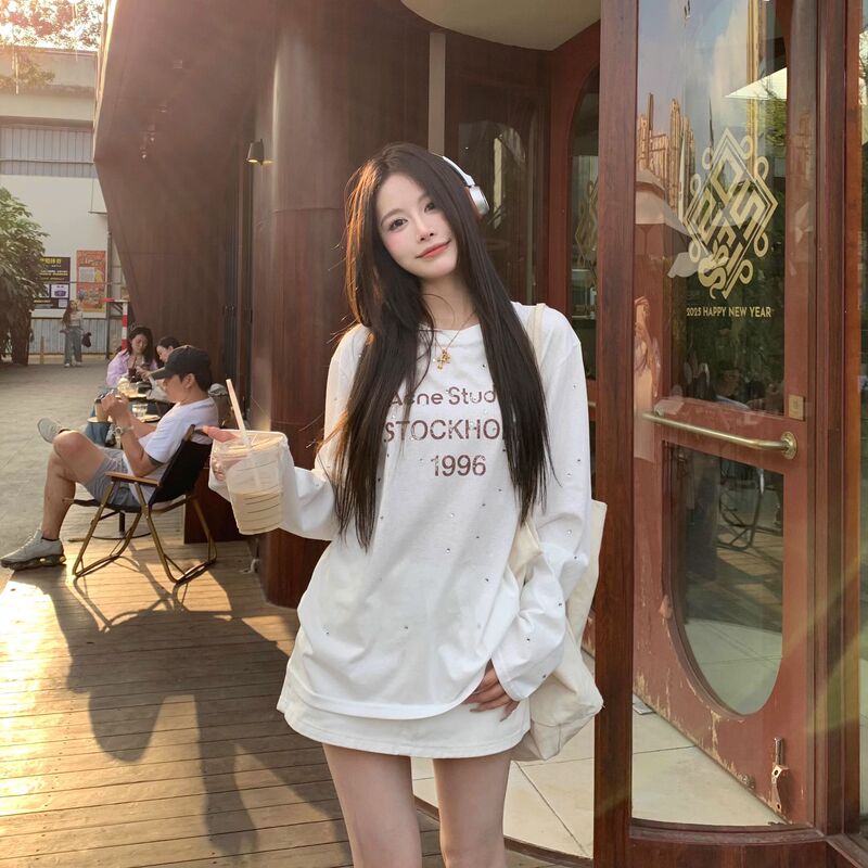 3Mer Oh Oh Sanmei American High Street Hot Diamond Letter Long-Sleeved T-Shirt Women's Loose Design Sun Protection Blouse Top