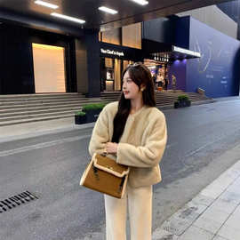 外贸跨境批发欧美秋冬仿水貂皮草复合皮毛一体宽松休闲外套披肩女