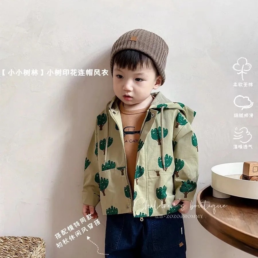 【小小樹林】小樹印花連帽風衣秋季嬰幼童男女寶防風夾克外套