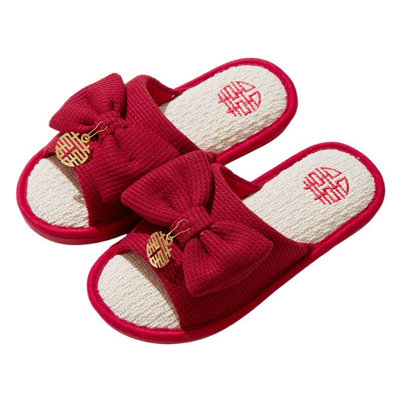 Свадебные тапочки Красные женские льняные летние весенние осенние мягкие домашние тапочки на полу четыре сезона оптом Свадебные тапочки Праздничная пара