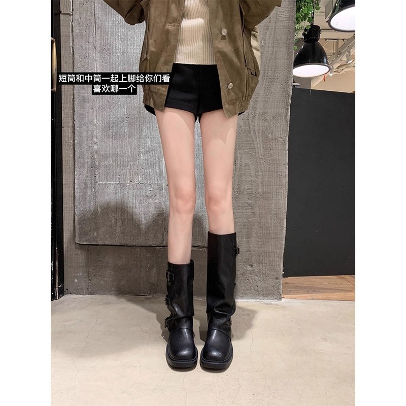 牛皮版~苏茵茵美拉德牛仔骑士靴女厚底加大筒围粗腿长筒裤管靴子|undefined