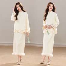 冬季新款加厚丝绒小立领新中式镂空花真毛洋气显瘦气质两件套裙女