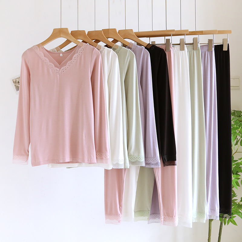 Lace Autumn Clothes Autumn Trousers Women's Spring Autumn and Winter Modal Thin Thermal Underwear suit Slim-fit Base V-neck