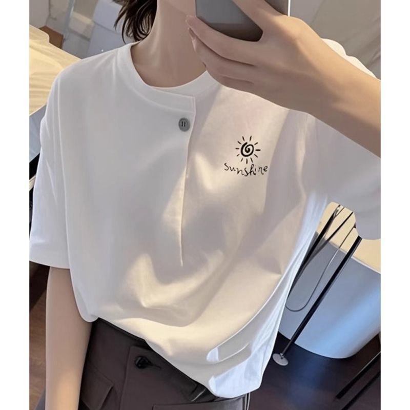 2025 新しいスタイルの女性用ピュアコットンショルダー T シャツ、半袖夏デザイン、ニッチ、ルーズ、ユニークで超見栄えの良い|undefined