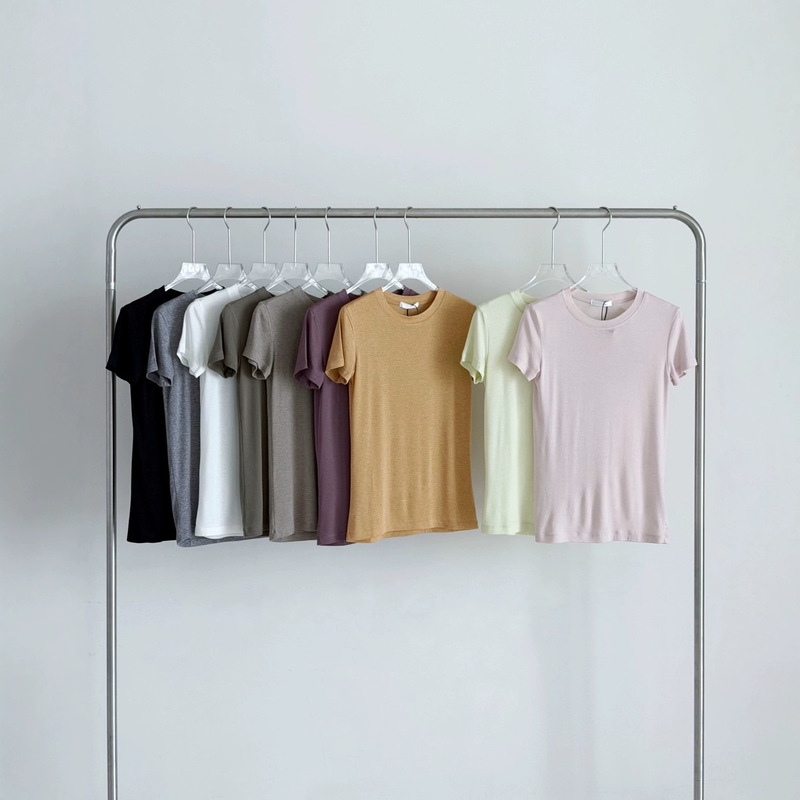 Xiaohongshu's Popular Tencel Wool Short-Sleeved T-Shirt for Women g Quality R's Classic Old Money Style Pure Color Versatile Bottoming Shirt