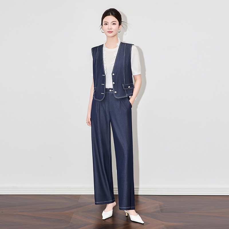2504512-Shenzhen Nanyou Fashion Old Money Style Sleeveless Vest Top + Casual Work Clothing Wide Leg Pants Two-Piece Set