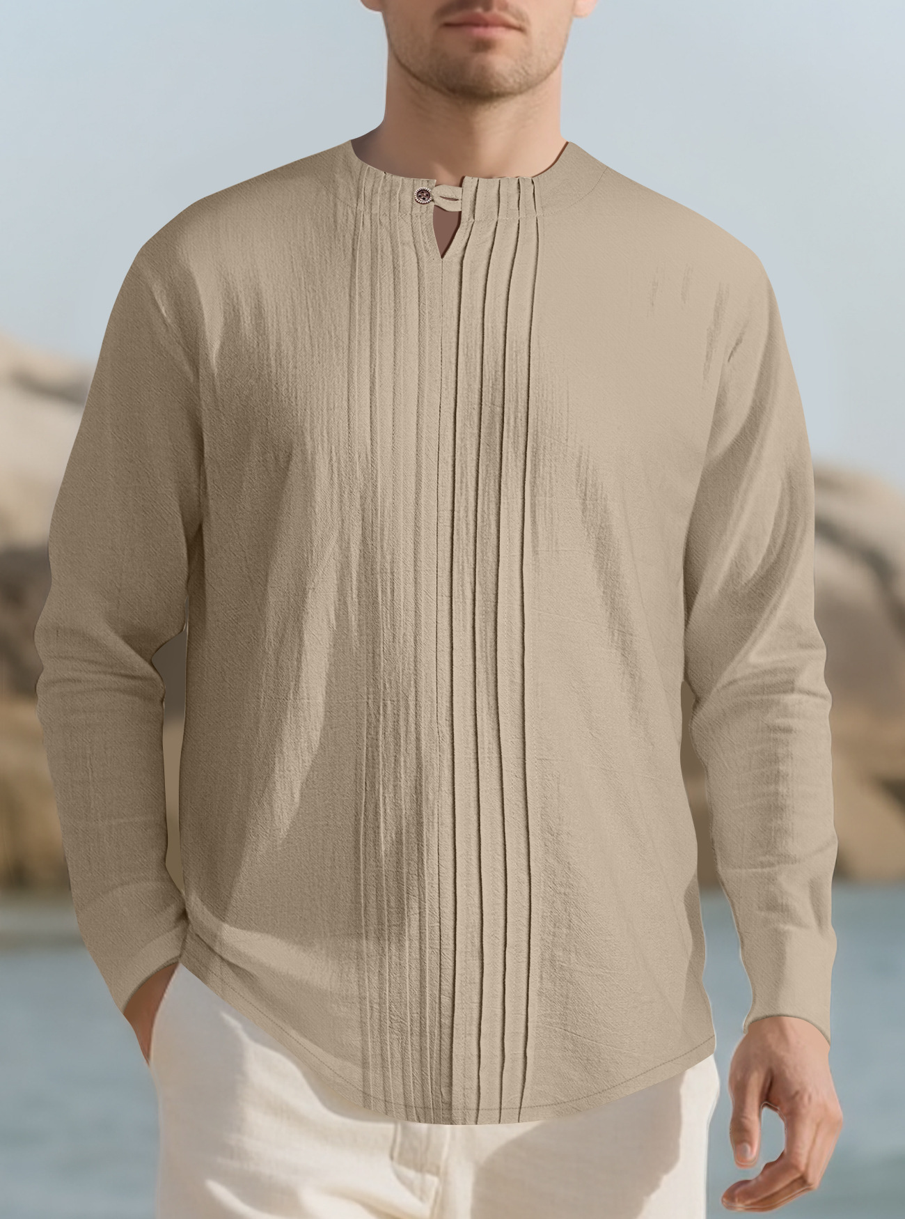 Europa y los Estados Unidos transfronterizos Amazon spot cuello redondo de manga larga hombre primavera otoño y verano camisa de algodón suelta