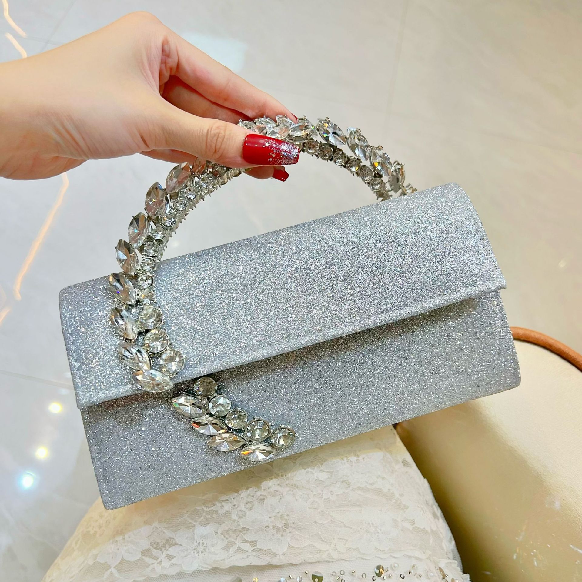 Nuova borsa da sera Cross-Border con diamanti scintillanti, borsa a mano in raso con paillettes, borsa a mano da donna con diamanti intarsiati, borsa a tracolla_voghion.com