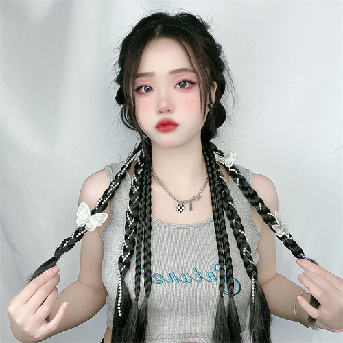 Factory direct sales ponytail wig for women Korean style long hair pearl twist braid strap type simulated fish bone double ponytail