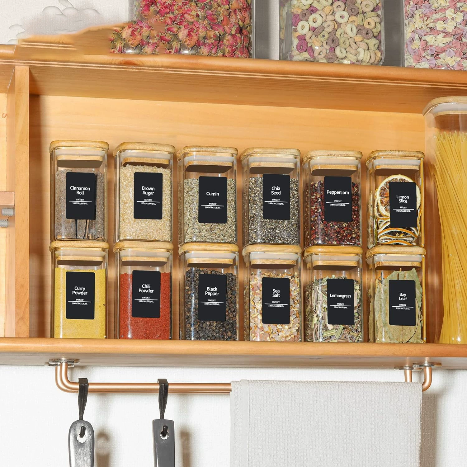 Набор из 12 стеклянных банок с бамбуковыми крышками, набор из жемчужной хлопчатобумажной ткани, набор для приправ, ящик для хранения сухофруктов, герметичное хранилище из боросиликатного стекла.