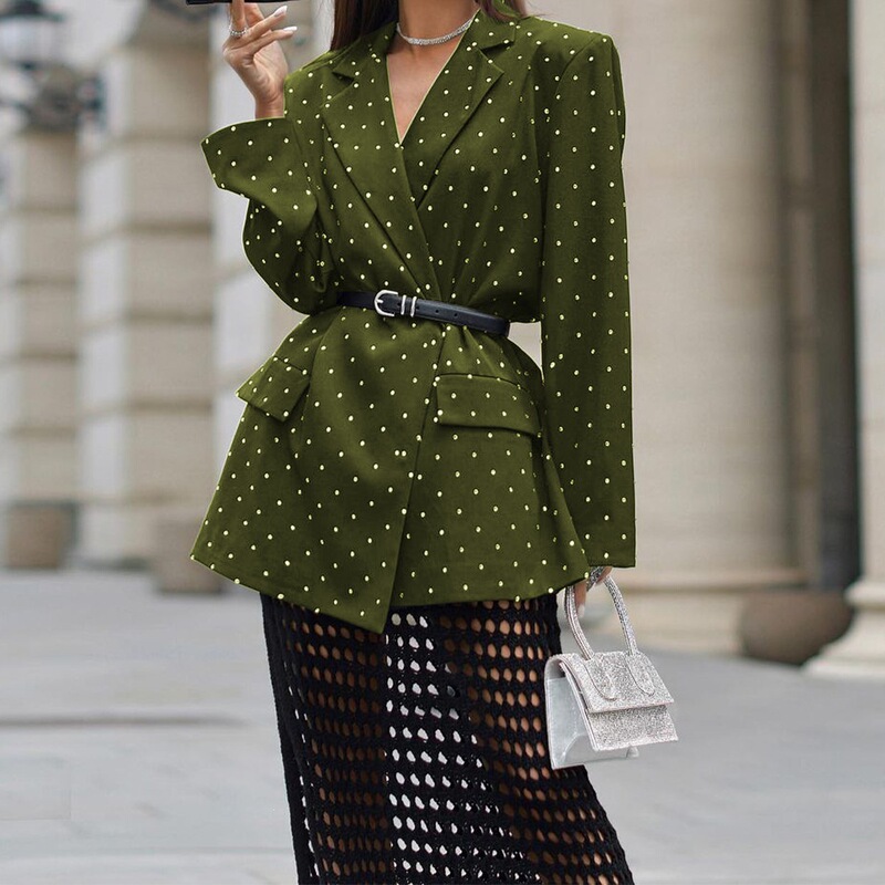 European-style polka dot loose-fitting blazer with belt, mid-length small suit, popular influencer style women's clothing, wholesale in stock