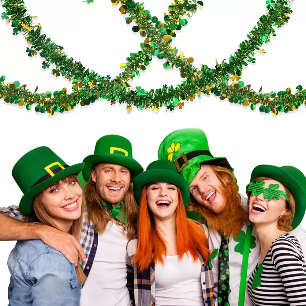 新款爱尔兰节拉花三叶草圆片金绿彩条圣帕特里克派对装饰毛条挂饰
