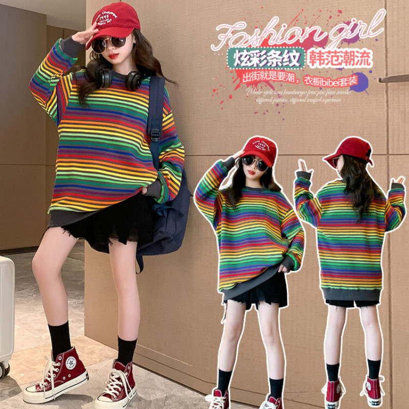 Zhili children's clothing 2026 spring and autumn new cotton T-shirt long sleeve boys and girls Korean style versatile rainbow striped T-shirt trendy for big and medium-sized children