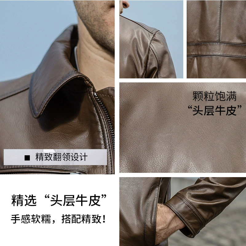 Leather jacket, cowhide genuine leather, zip pockets, classic cut