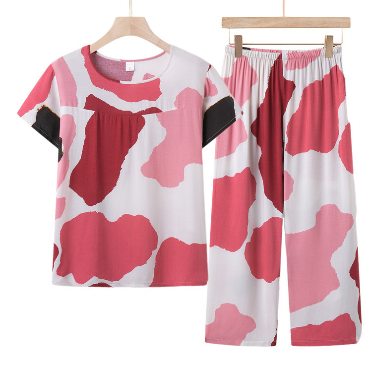 Middle-Aged and Elderly Summer Shirts T-Shirt Color-Blocked Round Neck Mom Pajamas Pants Set Home Thin Breathable Short-Sleeved Two-Piece