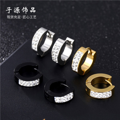 Korean-style fashionable titanium steel round diamond-zirconia ear earrings for men and women, stainless steel mud drill ear hooks, direct factory sales