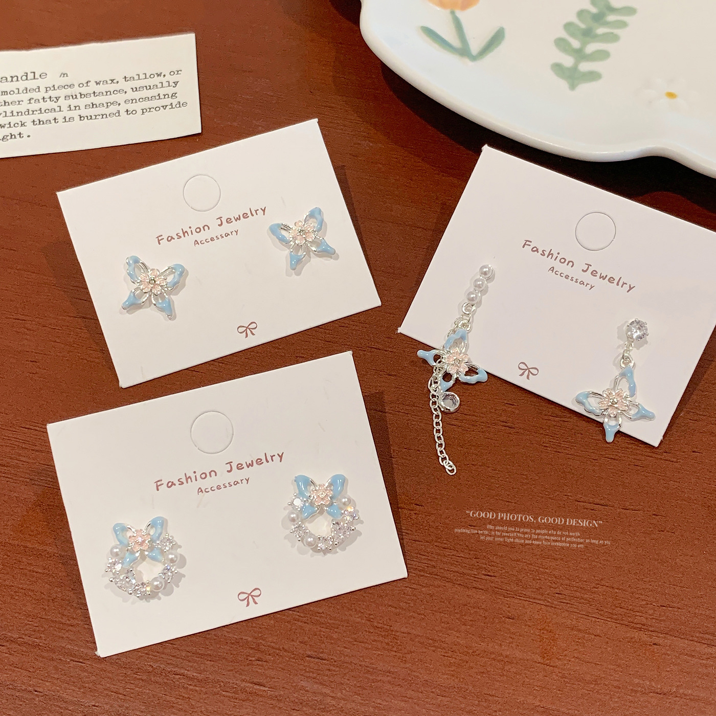 sweet super fairy exquisite blue butterfly cherry blossom pearl earrings women‘s silver needle special-interest design high-grade all-match earrings