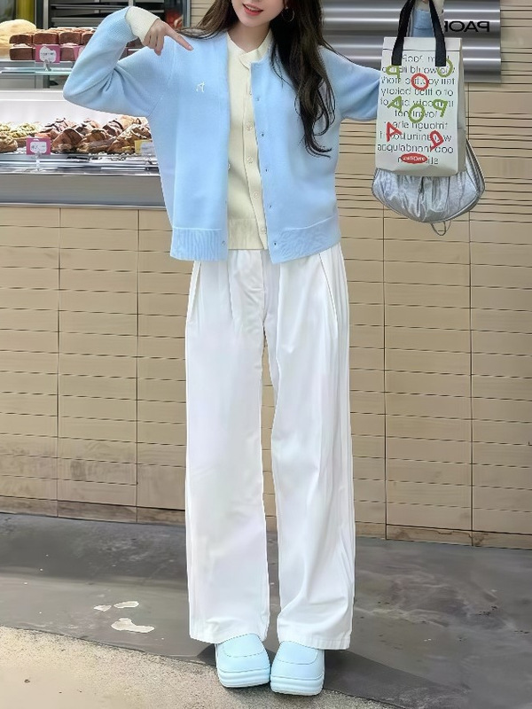 秋季小个子茶系穿搭假两件针织开衫牛仔阔腿裤时尚设计感两件套装|undefined