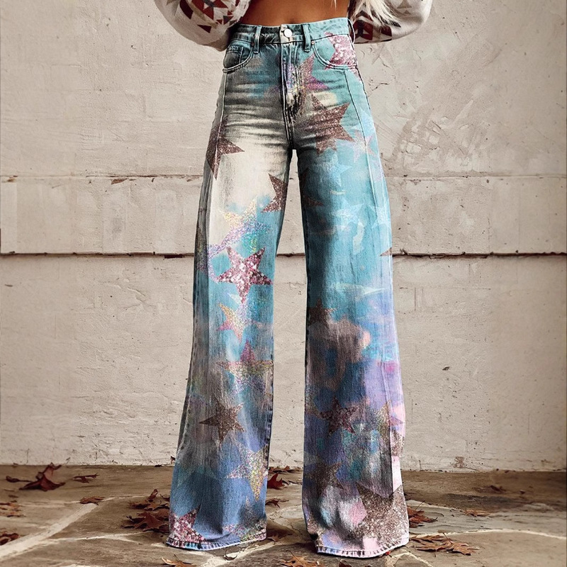 Autumn New European and American Women's Casual Pants Imitation Jeans Wide Leg 3D Printed Pants jeansy2k Pantsbaggy