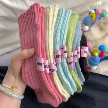 秋冬袜子女粉色标签纯色粗线针织中筒袜冬天百搭堆堆袜潮袜吸汗