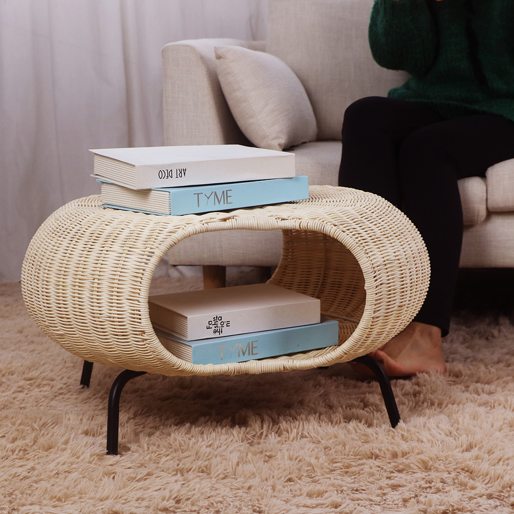 Balcón nórdico patio sala de estar silla de caña ocio redonda mesa de té pequeña mesa de té artesanal tela de caña almacenamiento mascota gato