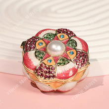 跨境热销金属手工艺品时尚山茶花珍珠珐琅彩首饰盒欧美镶钻小摆件