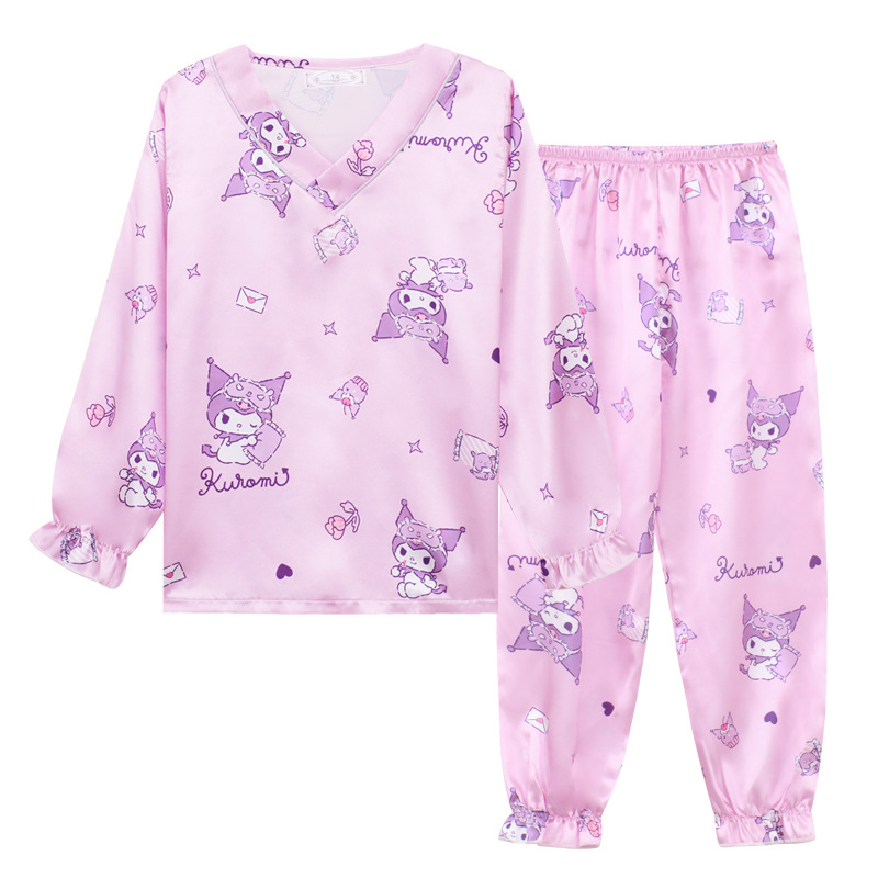 Pijama de niñas verano delgado hielo de manga larga cuello en V2024 nuevo conjunto de ropa para niños primavera y otoño