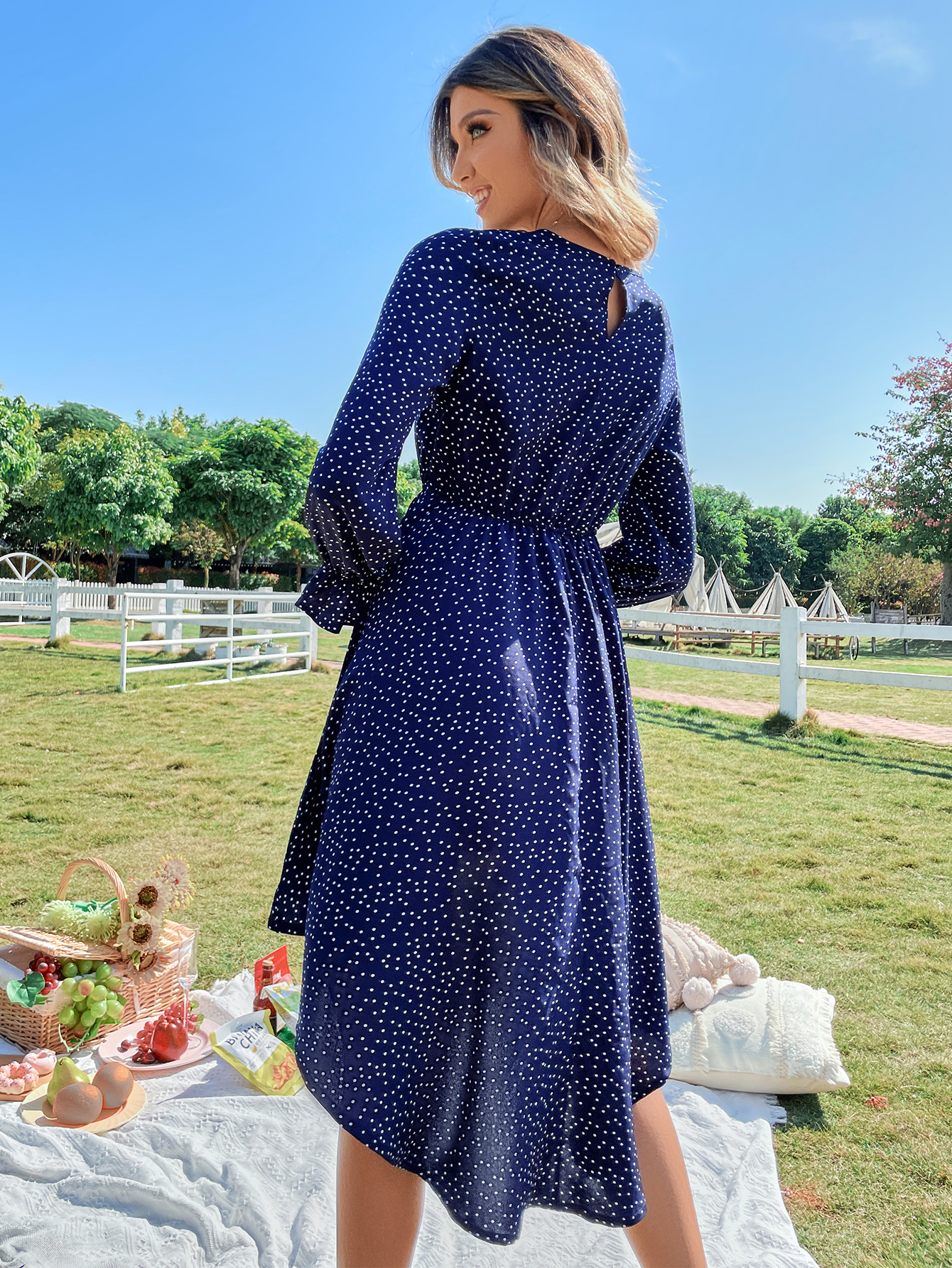 High Waist Long Sleeve Polka Dot Midi Dress NSJM114324