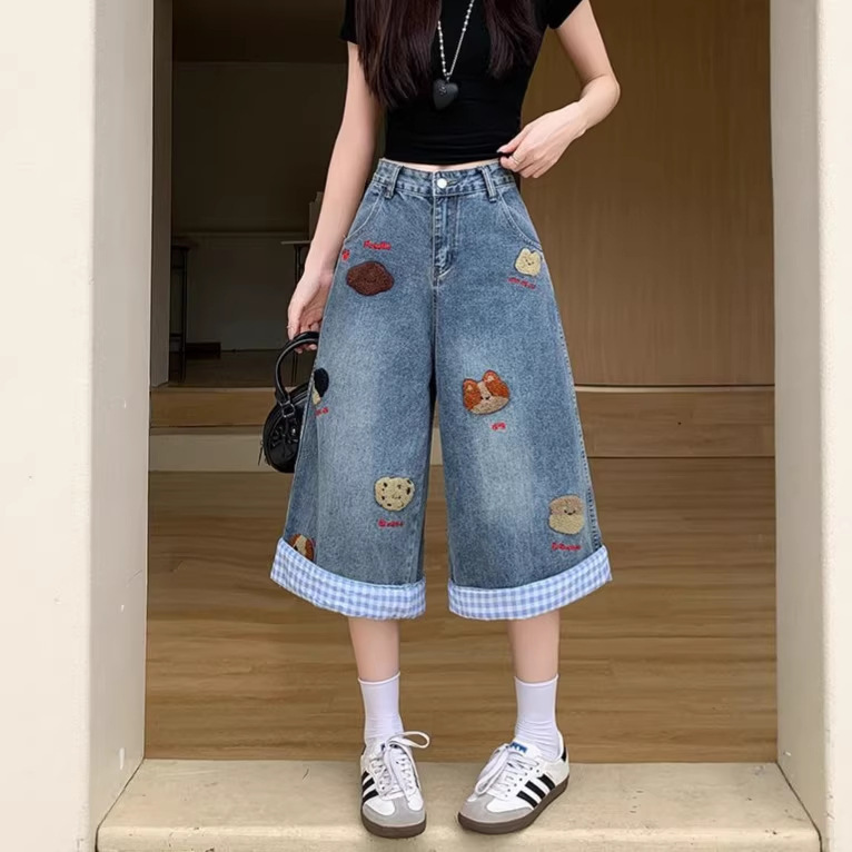 American-Style Washed Vintage Dog Embroidery Cropped Jeans 2026 Summer Loose Wide-Leg Petite Cropped Pants for Women American-Style Washed Vintage Dog Embroidery Cropped Jeans 2026 Summer Loose Wide-Leg Petite Cropped Pants for Women