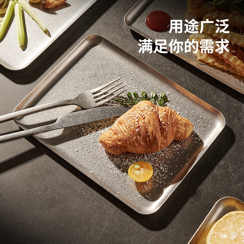 Customized Retro Snowflake Silver Square Plate 304 Stainless Steel Tray Steak Plate Cafe Snack Cake Plate Presentation