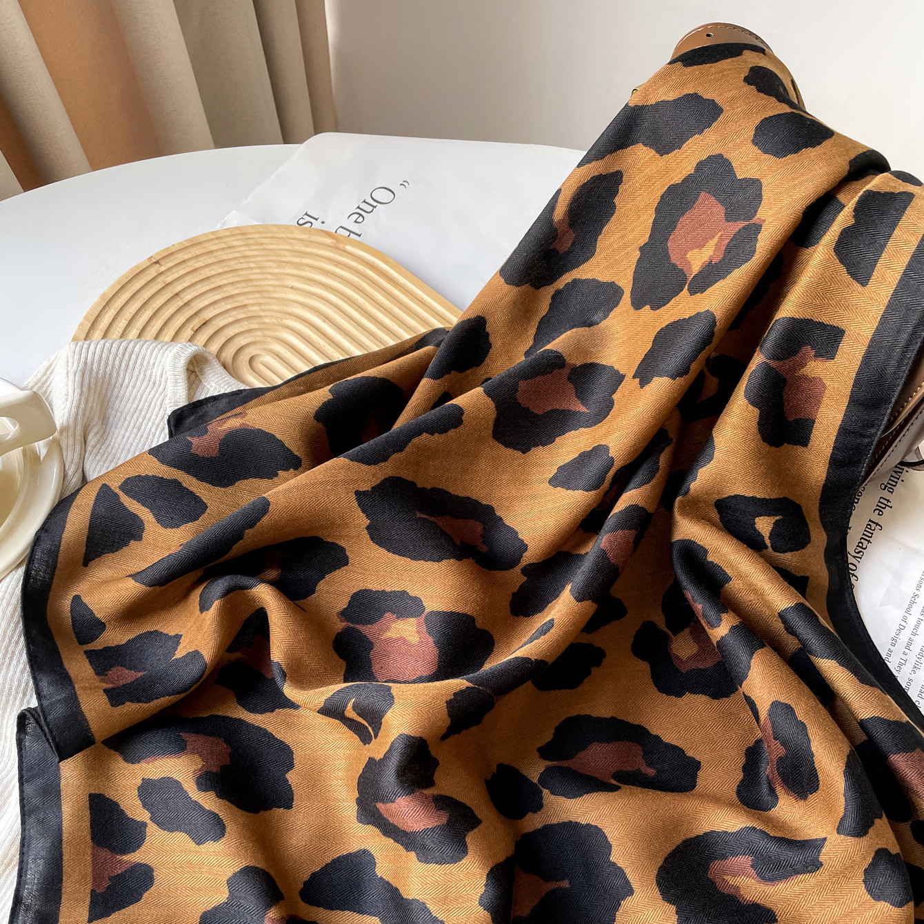 Leopard Print Herringbone Cotton Mini Square Scarf For Women_voghion.com