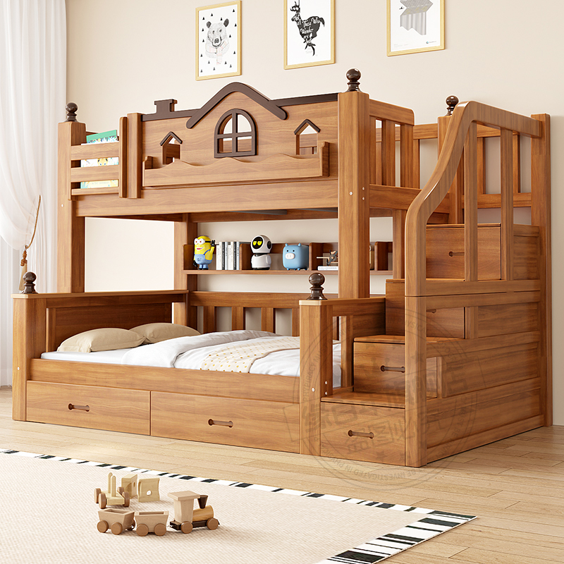 Solid Wood Bed, Bunk Bed, Two-Tiered Bed, Double Bed, Small Apartment Wooden Bed, Children's Bed, Parent-Child Bed