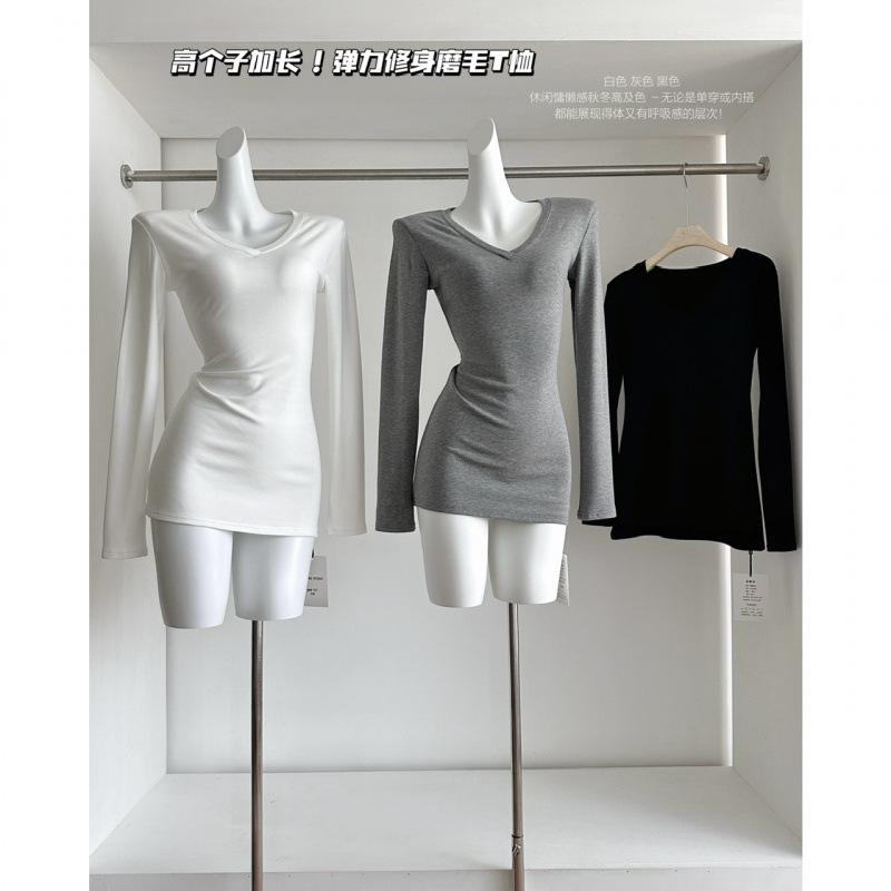 Tall Gray Extended V-Neck Thin Fleece Long-Sleeve Slimming T-Shirt for Women 2025 Winter Stretchy Slim-Fit Base Top