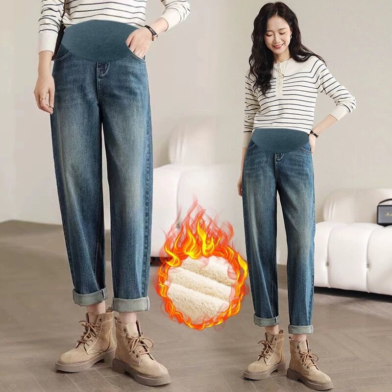 Maternity Jeans for Spring, Autumn, and Winter, Fleece-Lined and Thickened, Dad-Style Harem Pants for Petite Figures, Slimming and Long, Factory Direct Sale