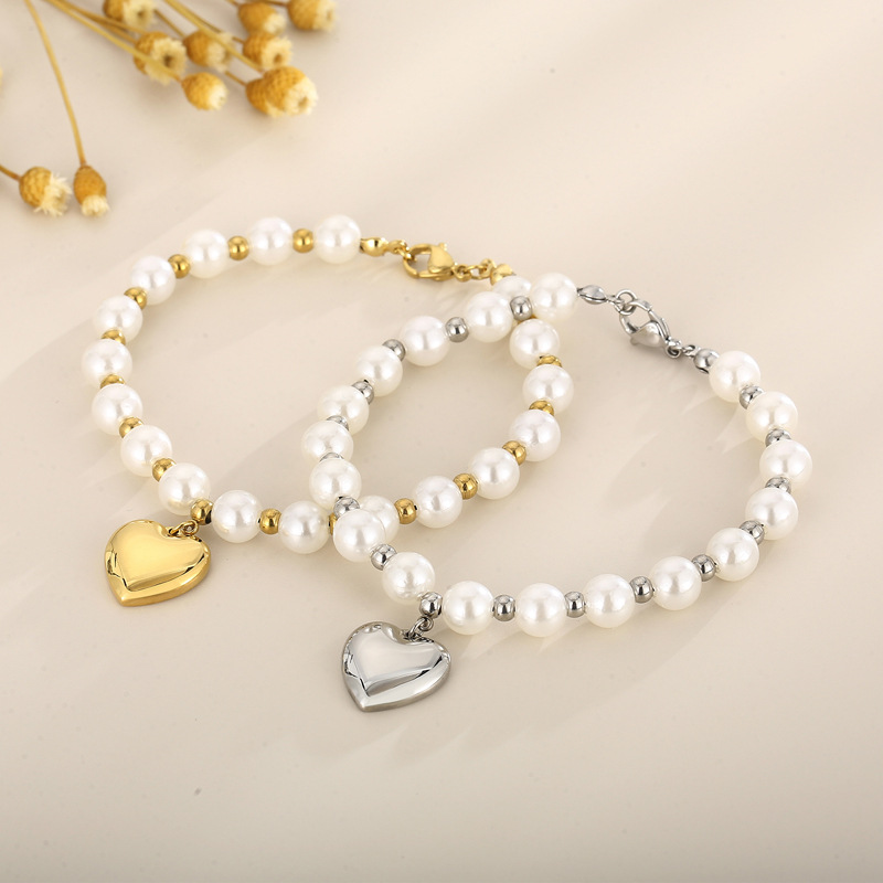 17g Weight Fashion Heart Shape Titanium Steel Beaded Pearl Plating Bracelets Necklace