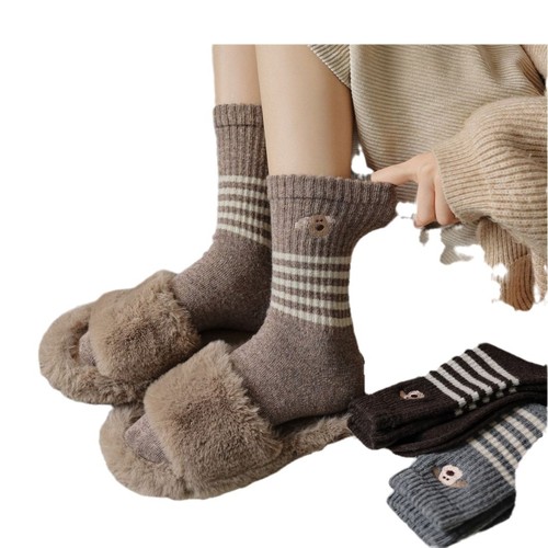 Wool Striped Girls Mid-Calf Socks for Autumn and Winter, Fleece Lined, Thick and Warm, Cute Cartoon Embroidered Puppy Pile Socks