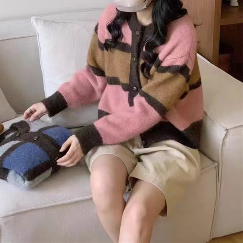 KANING韩版复古撞色条纹针织开衫2025秋冬新款减龄宽松毛衣外套女|undefined