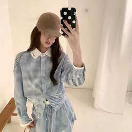 感蓝撞色显瘦设计新款翻领花苞气质两件套格子衬衫上衣女秋季短裙